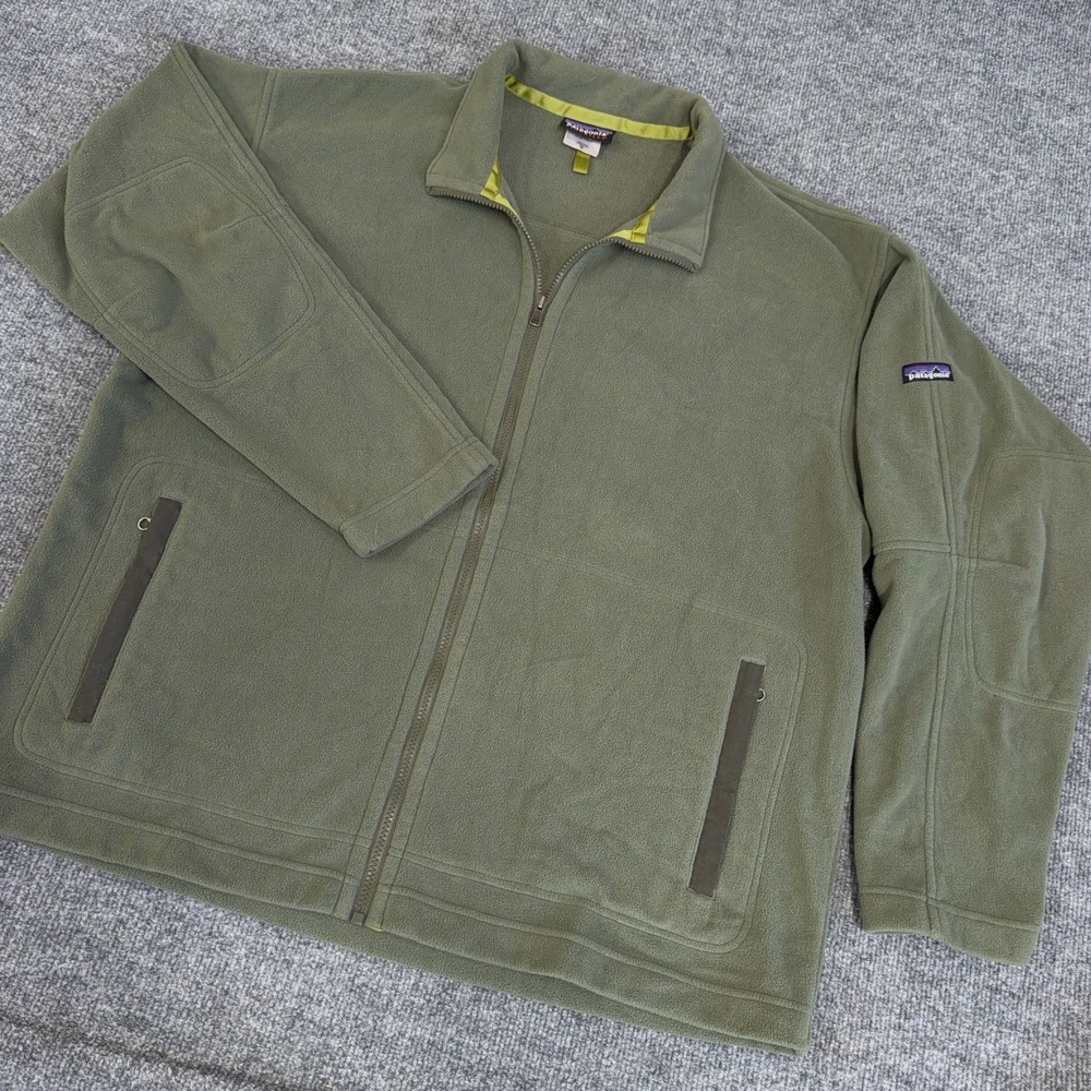 Vintage Patagonia Jacket Mens XL Olive Green Fleece Zip Elbow Patch Synchilla